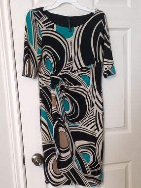 Knot-Front Midi Dress in Black, Cream & Teal